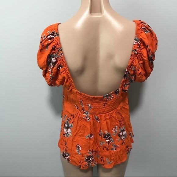 Free People Close To You Orange Floral Puff Sleeve Smocked Top Shirt Small - Picture 4 of 6